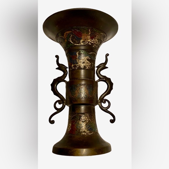 Antique Brass Vase Urn Engraved Dragon Handles